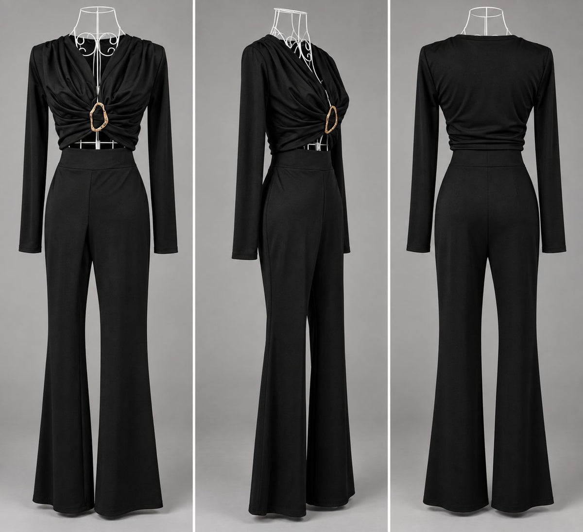 Compleu negru elastic cu bluza drapata si pantaloni evazati