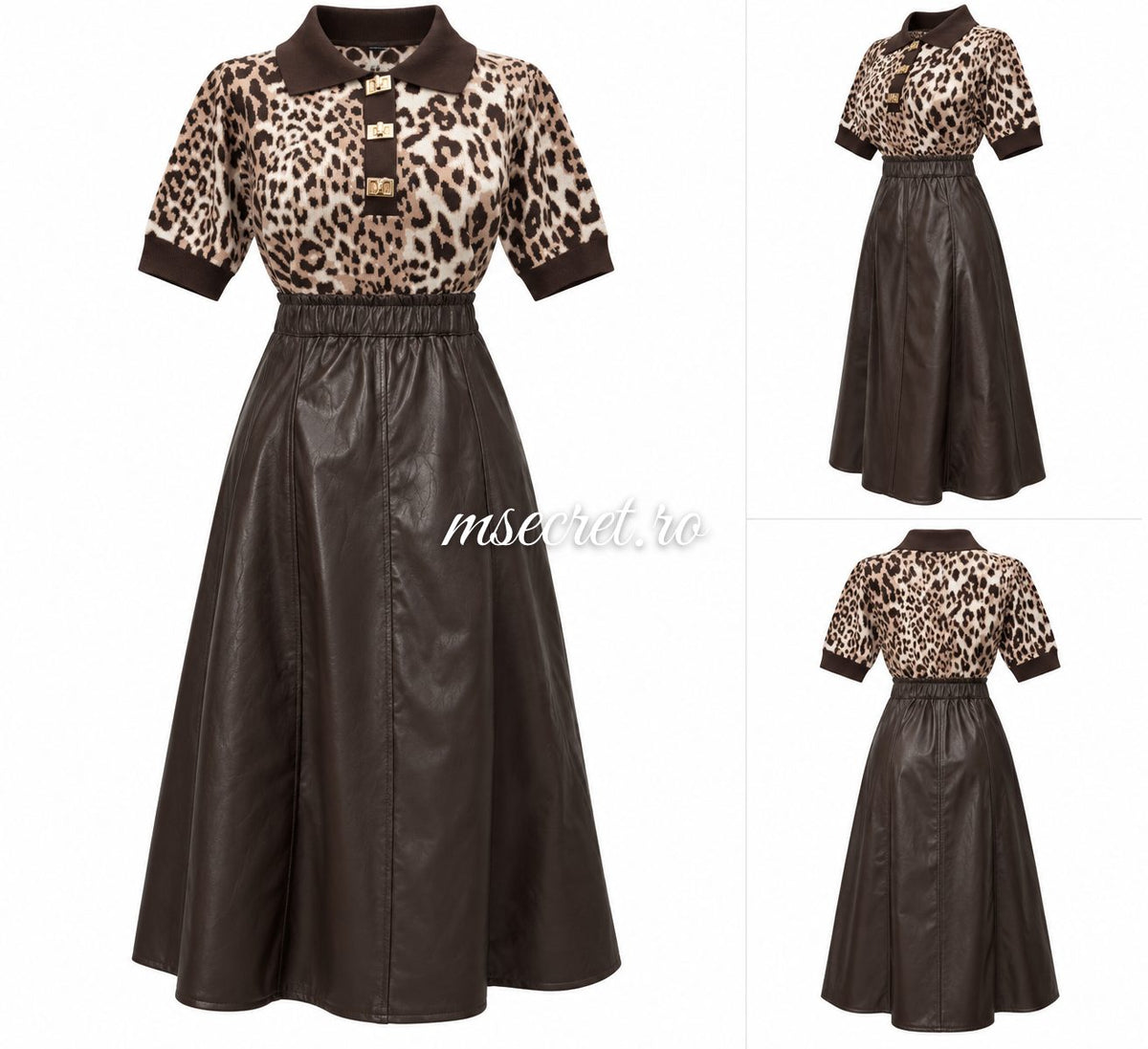 Fusta midi din piele maro cu talie elastica