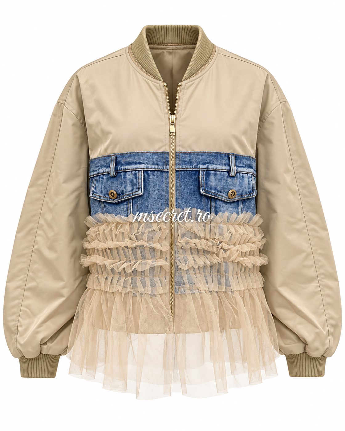 Geaca bomber bej cu denim si volane din tul - vedere din lateral