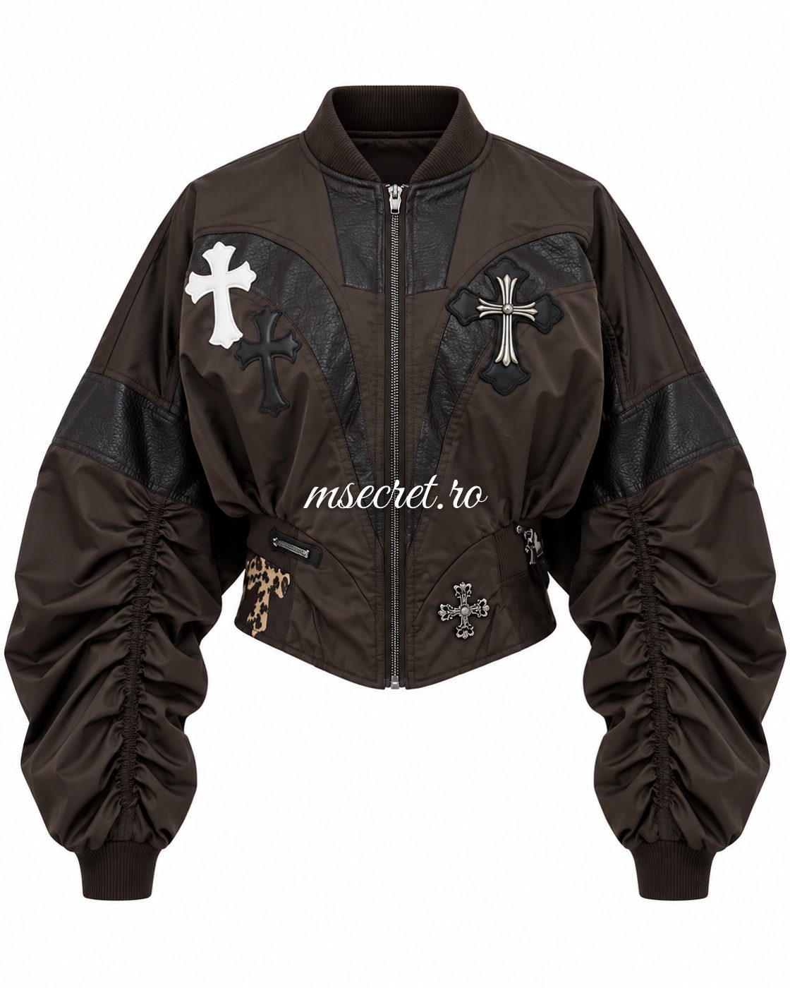 Geaca bomber maro cu cruci si maneci incretite - vedere din lateral
