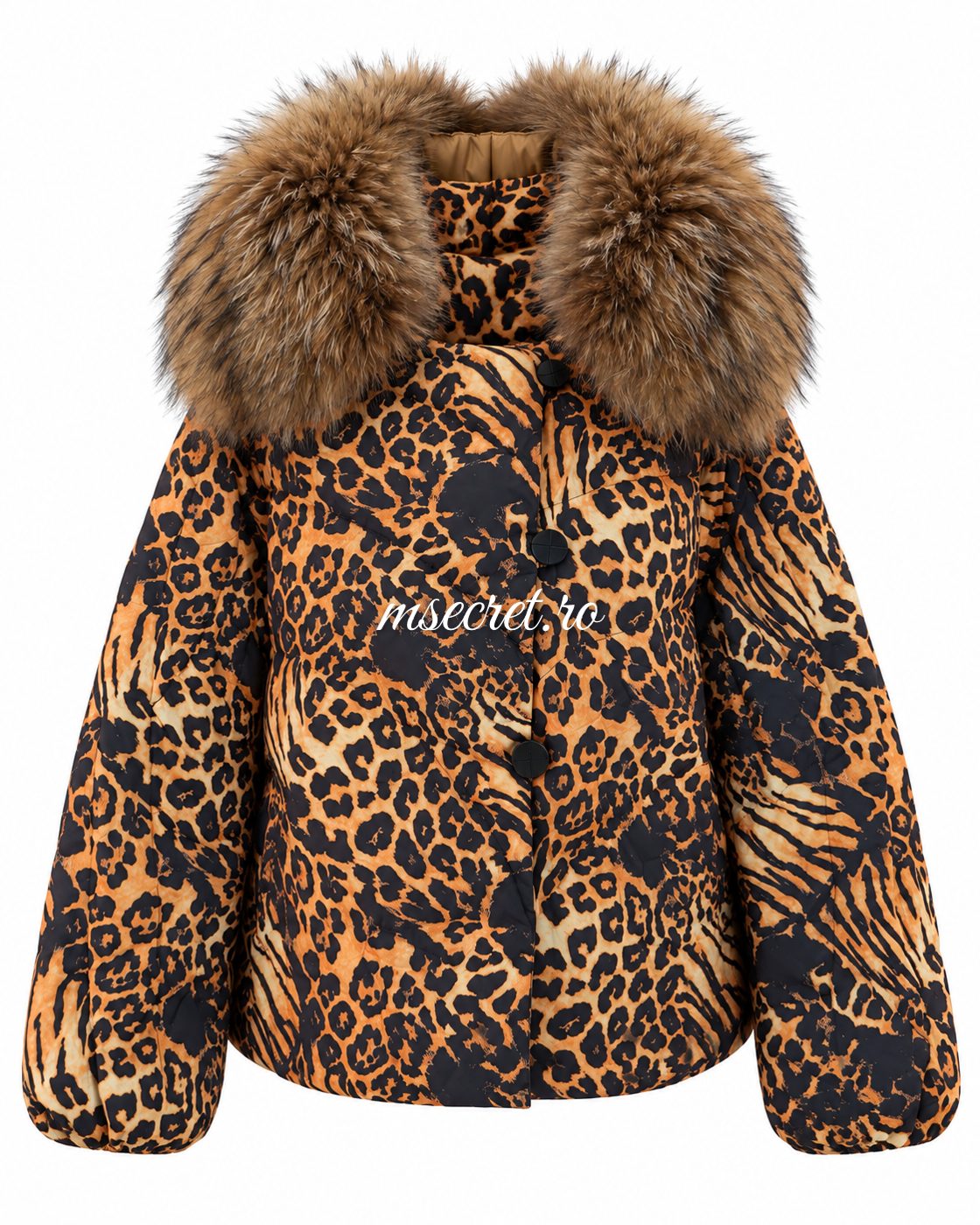Geaca cu puf animal print cu guler din blana naturala de vulpe - detaliu