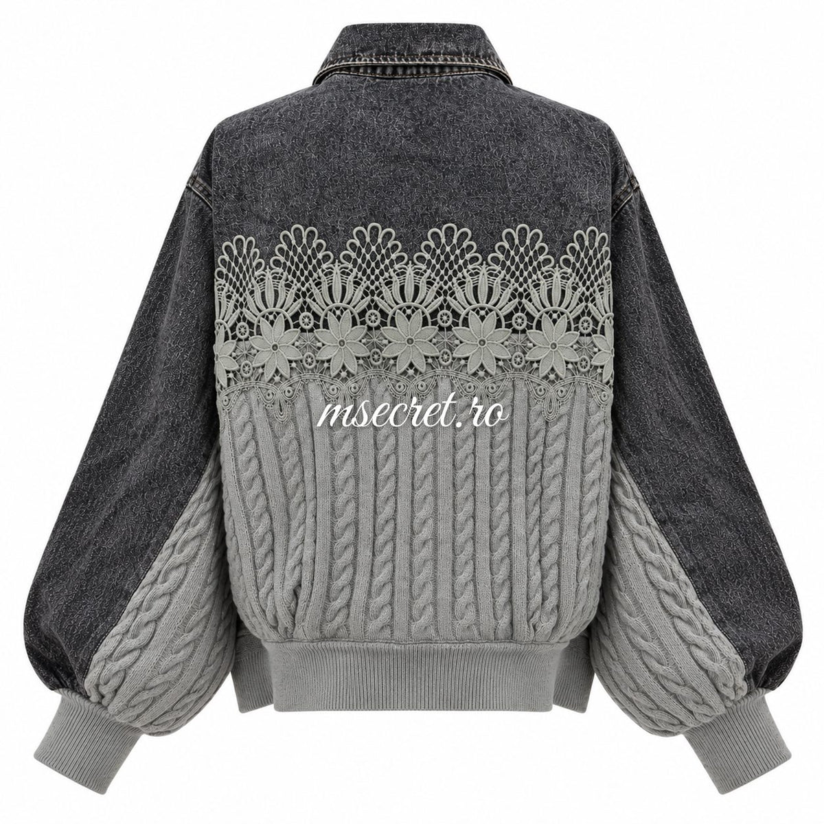 Jacheta din denim gri cu dantela si tricot gri - vedere din spate