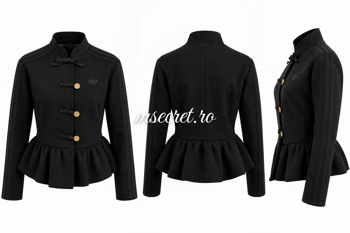 Jacheta neagra din stofa cu peplum si dungi pe maneci - colaj