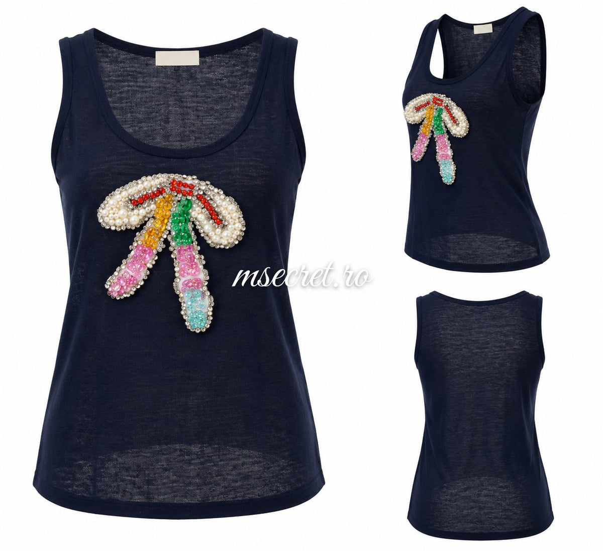 Maieu bleumarin din casmir cu broderie colorata si strasuri