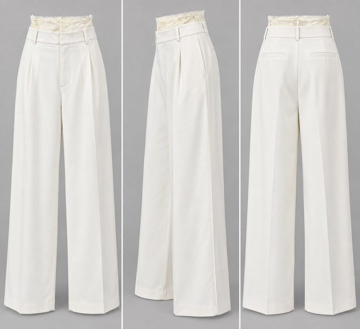 Pantaloni albi largi cu dantela la talie
