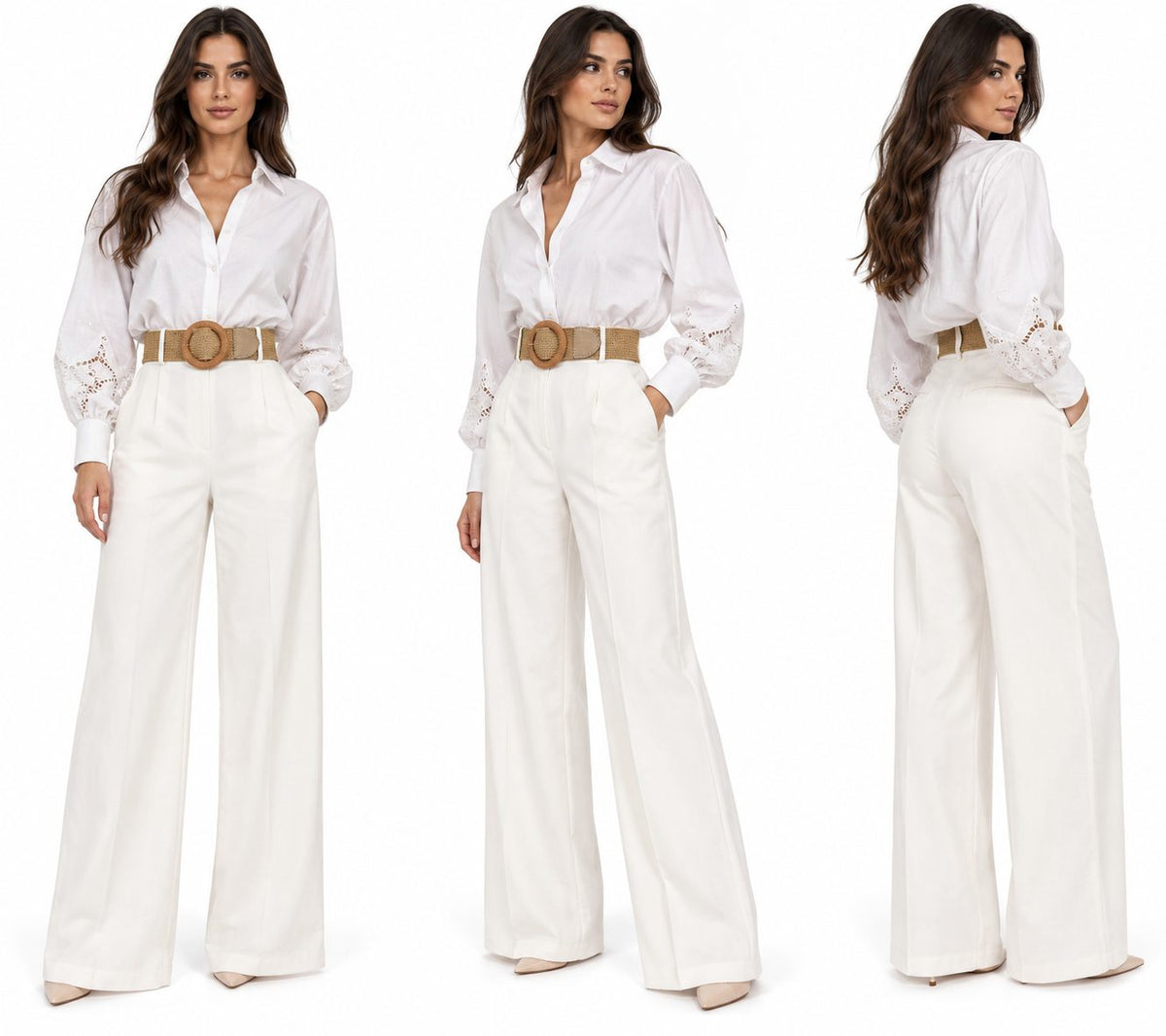 Pantaloni albi din in cu talie elastica si curea inclusa