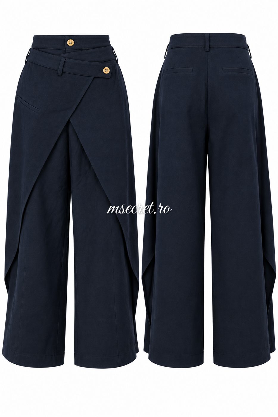 Pantaloni din denim bleumarin cu croiala tip fusta - detaliu