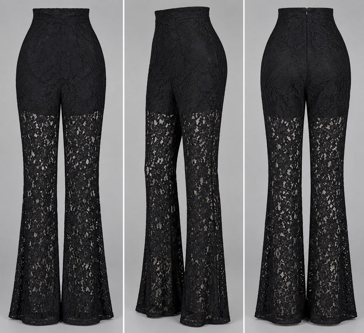 Pantaloni negri evazati din dantela cu talie elastica