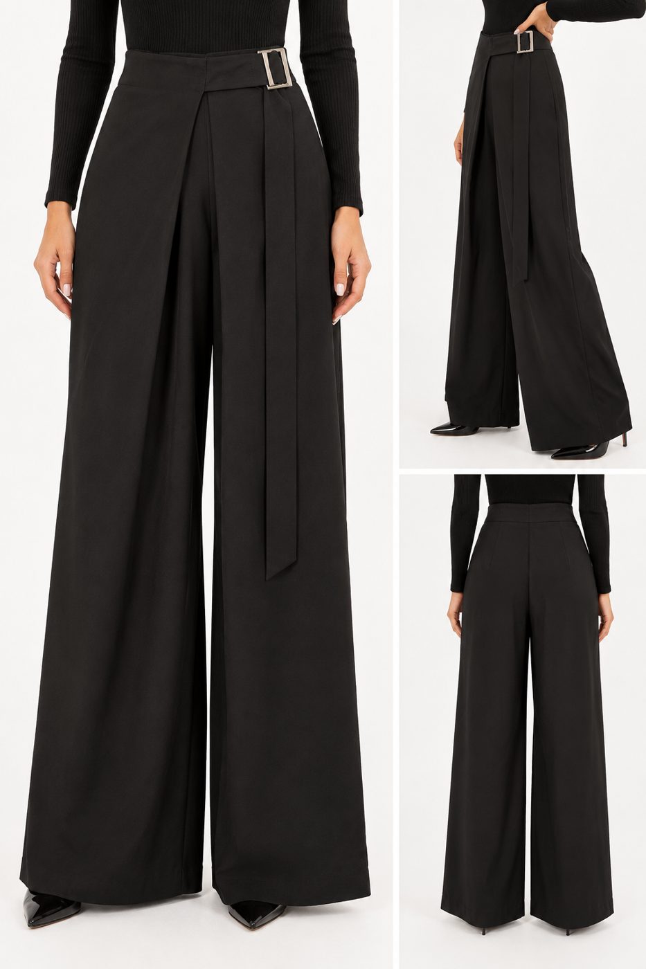 Pantaloni negri wide leg cu cordon in talie