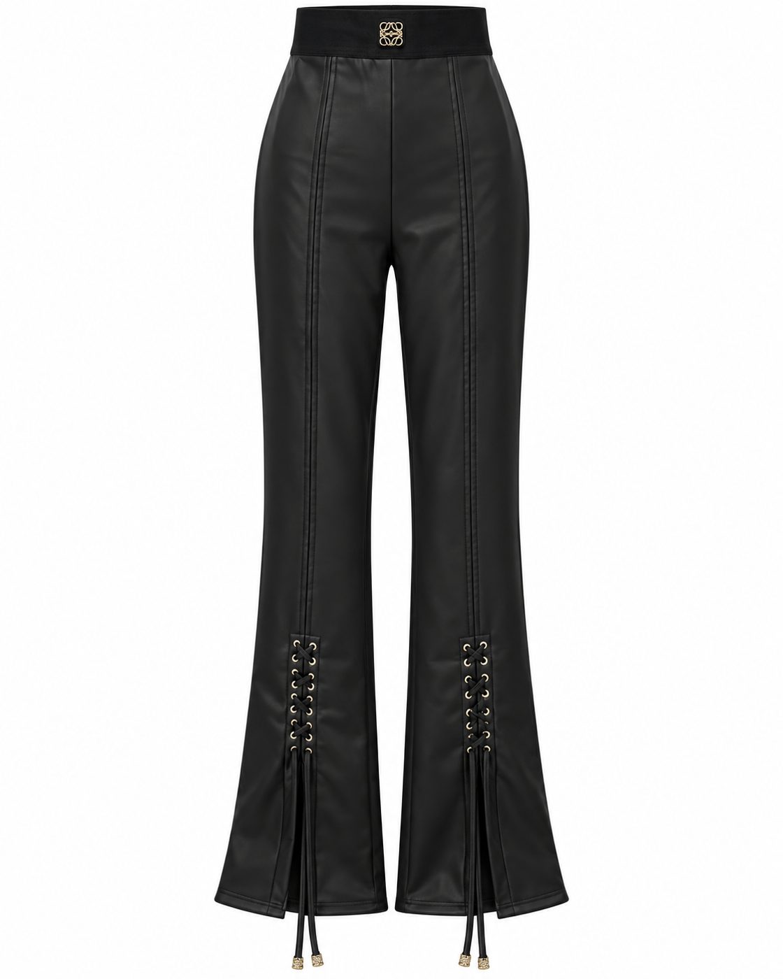 Pantaloni negri lungi din piele cu talie elastica si snur la glezna - vedere din fata
