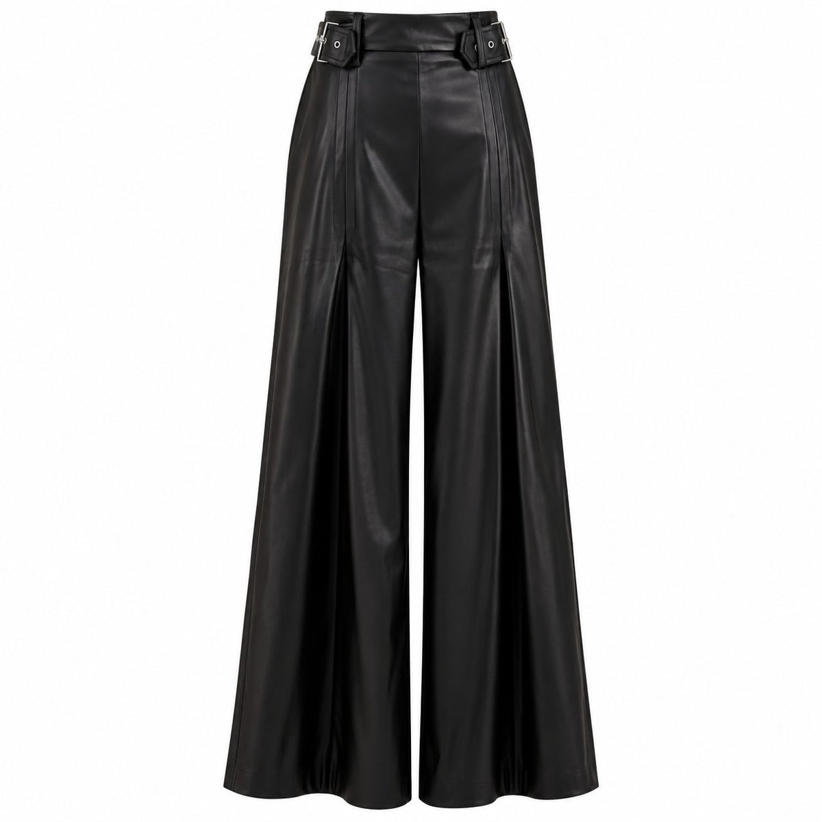Pantaloni negri din piele wide leg cu talie inalta - vedere din fata
