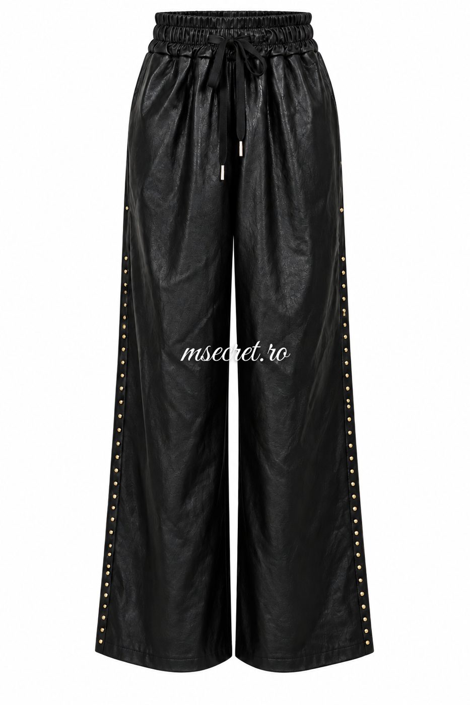 Pantaloni negri din piele cu tinte si talie elastica