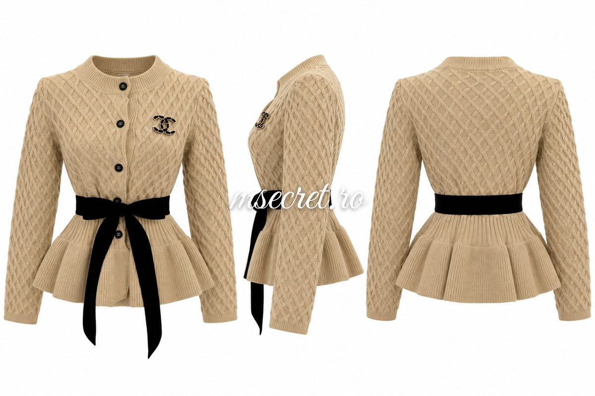 Pulover bej din tricot cu peplum si cordon negru - colaj