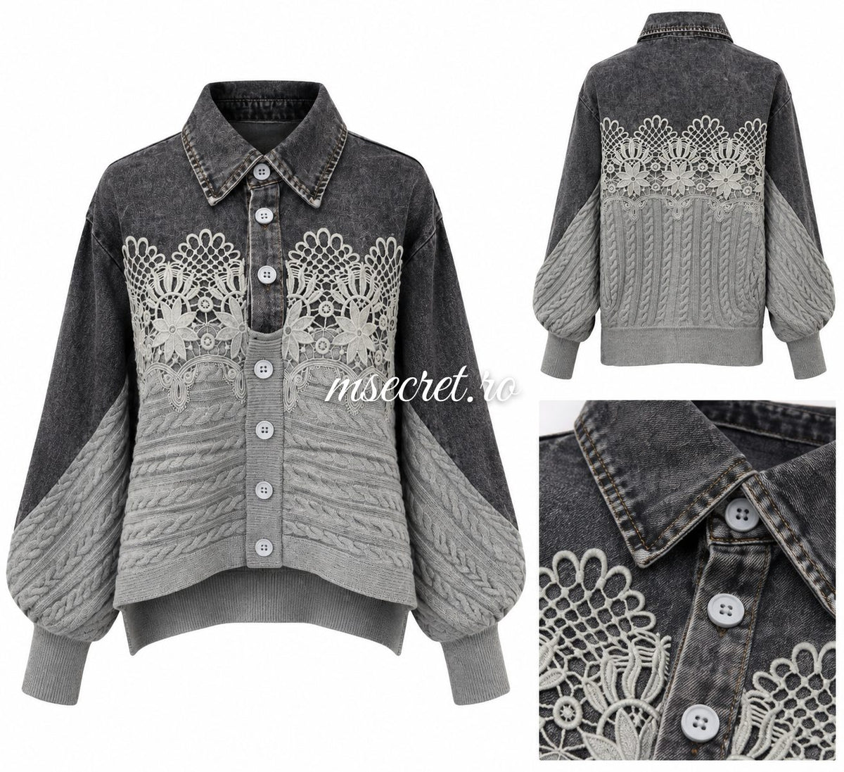 Pulover cu denim, broderie si lana
