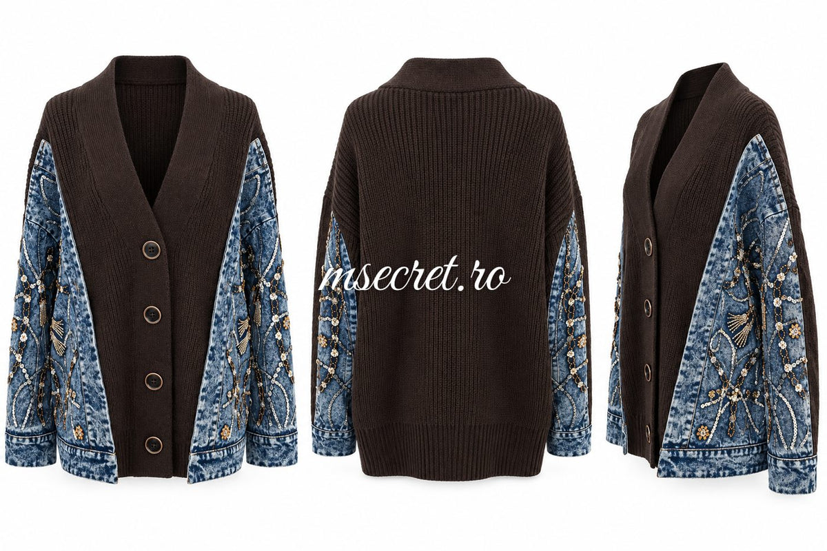 Pulover tip jacheta maro cu maneci din denim - colaj