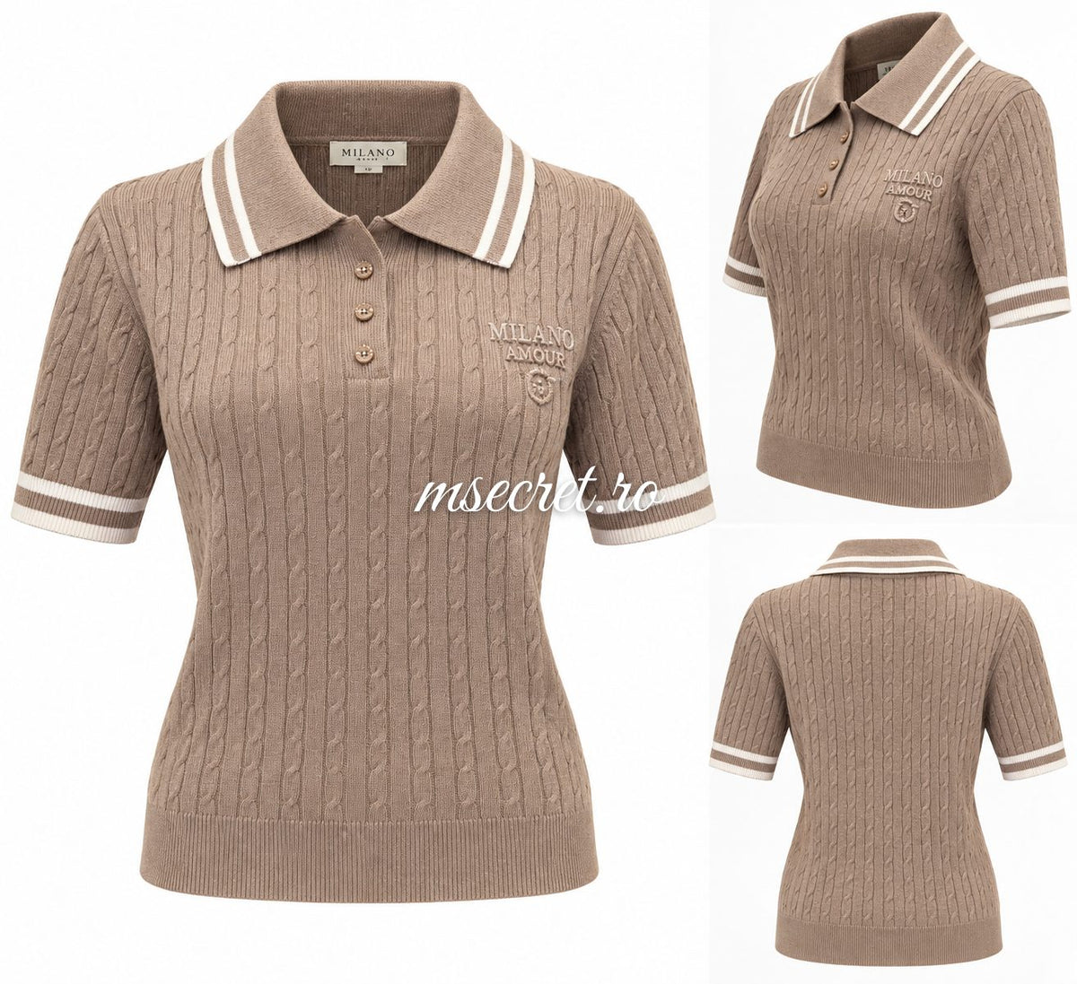 Pulover tricot bej cu guler si dungi
