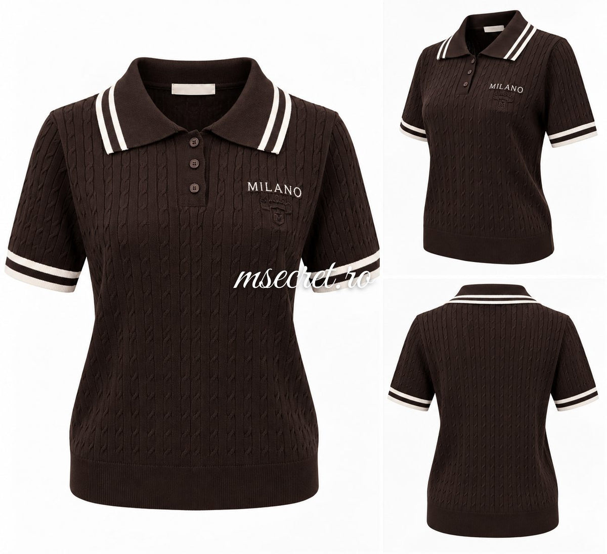 Pulover tricot maro cu guler si dungi
