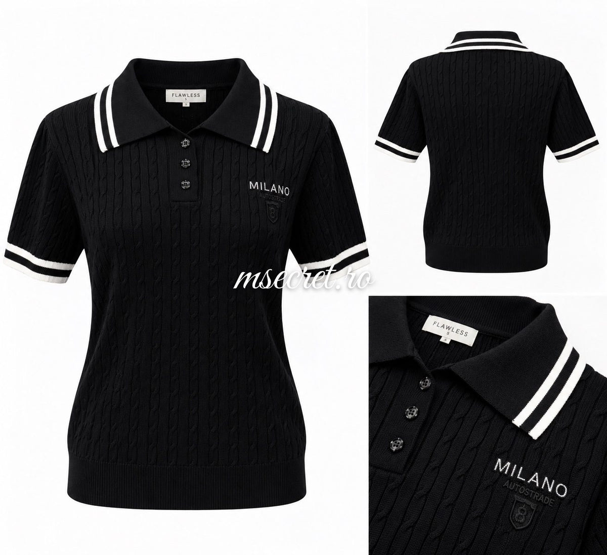 Pulover tricot negru cu guler si dungi
