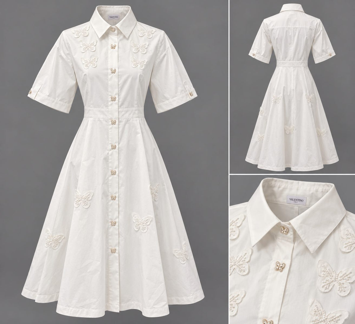 Rochie alba din bumbac tip camasa cu fluturi brodati