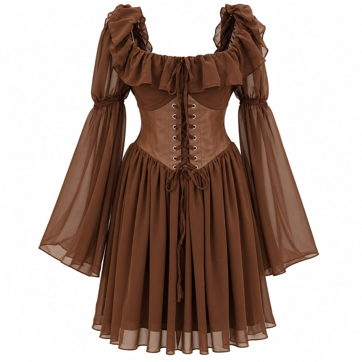 Rochie maro din voal cu corset din piele si maneci evazate - vedere din fata