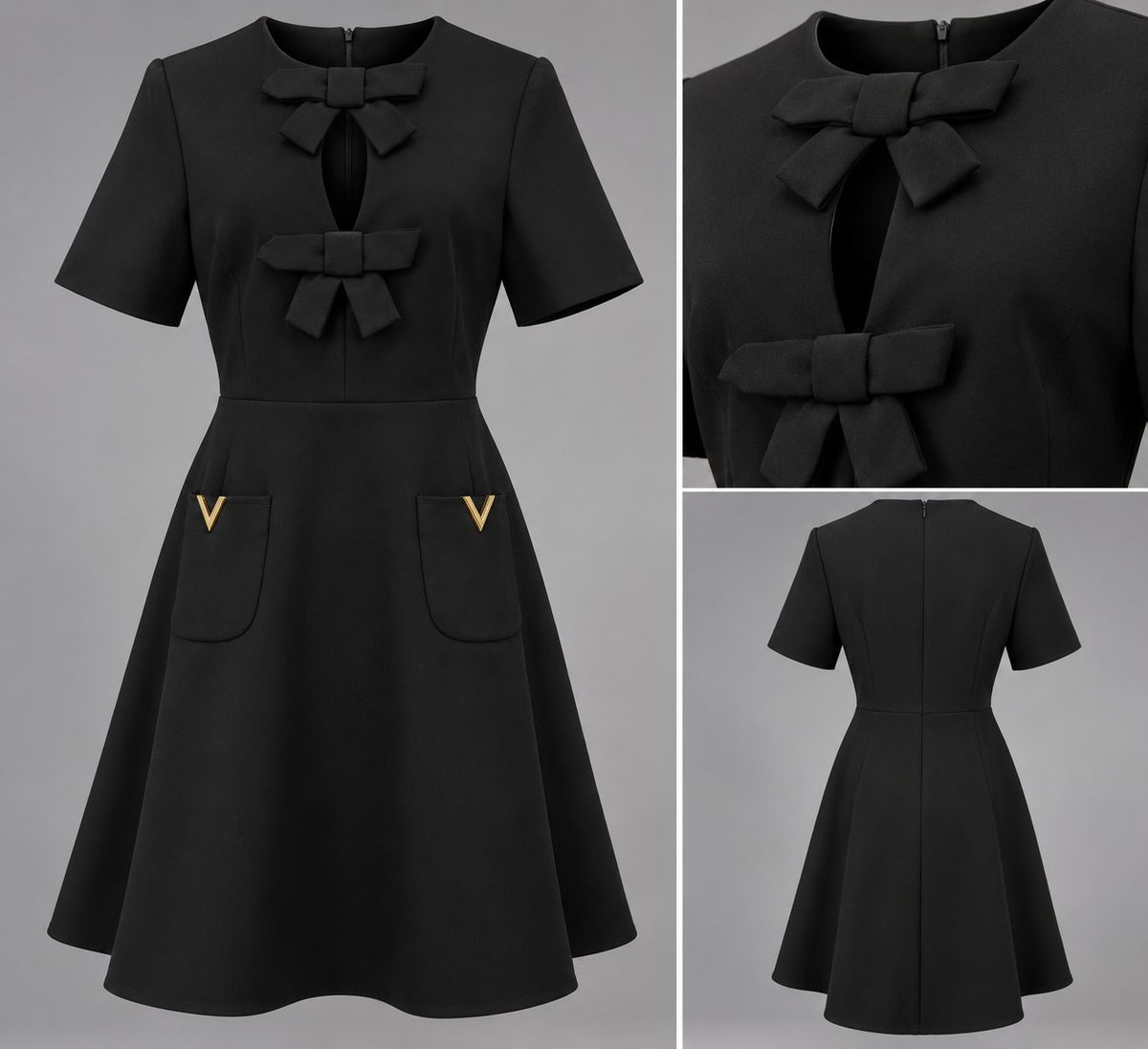 Rochie neagra scurta cu funda si maneca scurta