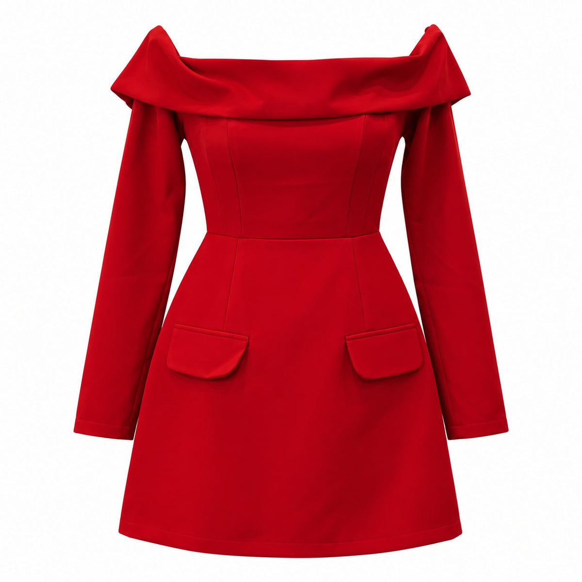 Rochie rosie cu umerii goi si buzunare cu clapa - vedere din lateral