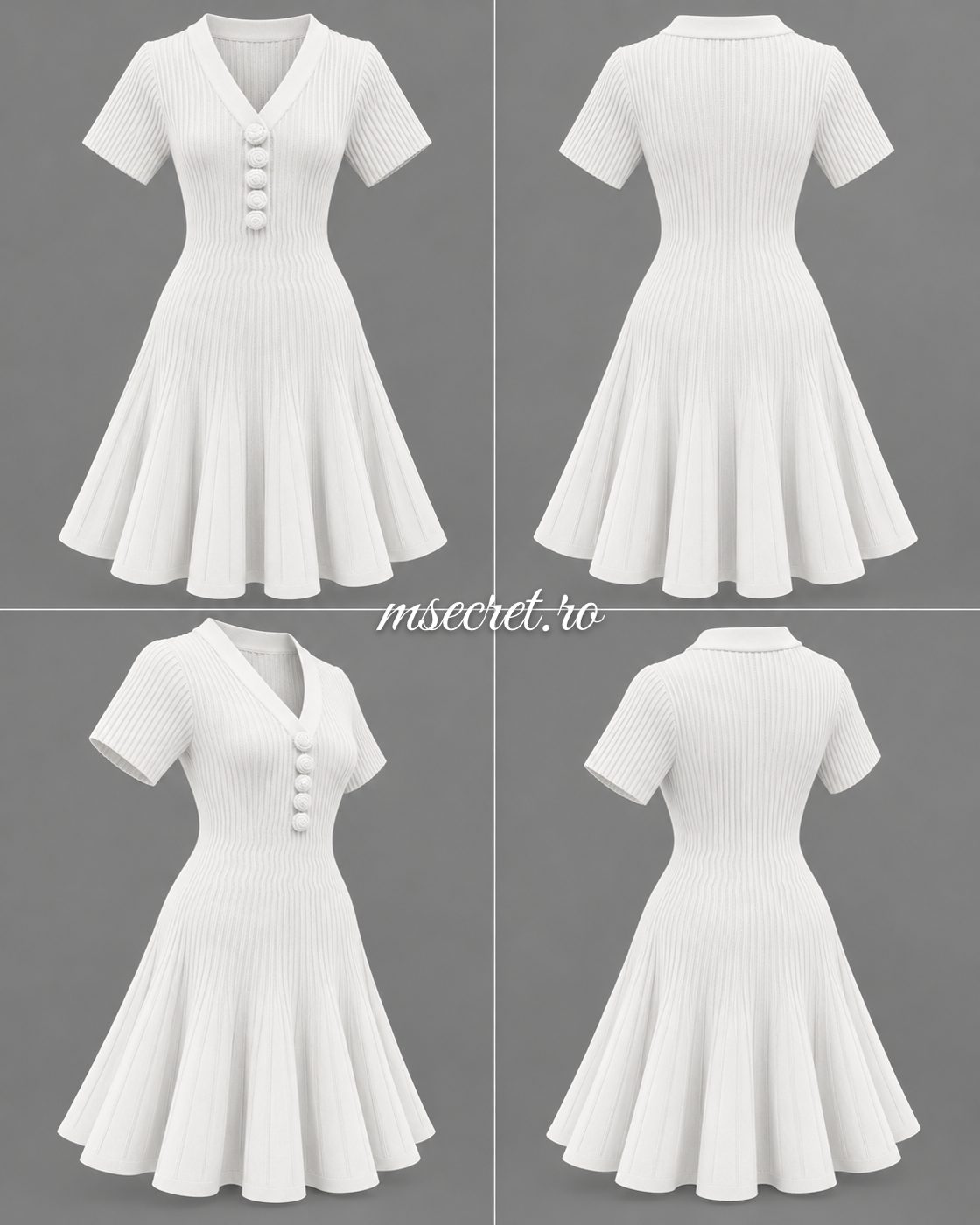 Rochie alba din tricot cu nasturi si fusta evazata