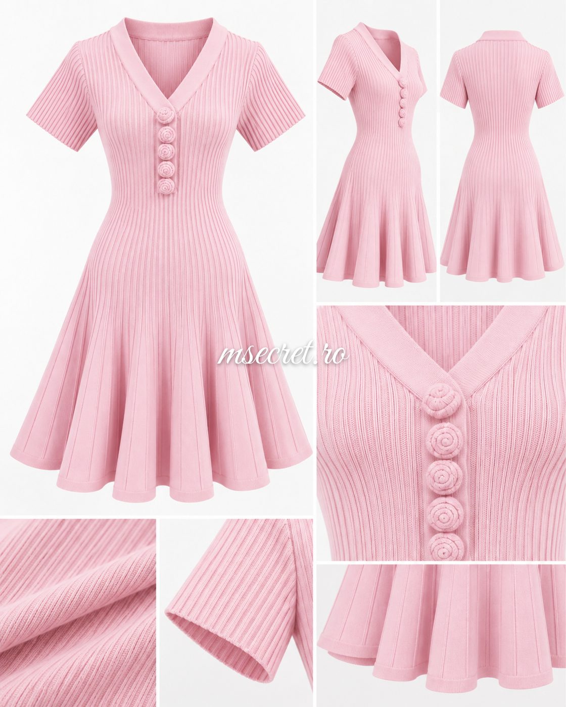 Rochie roz din tricot cu nasturi si fusta evazata