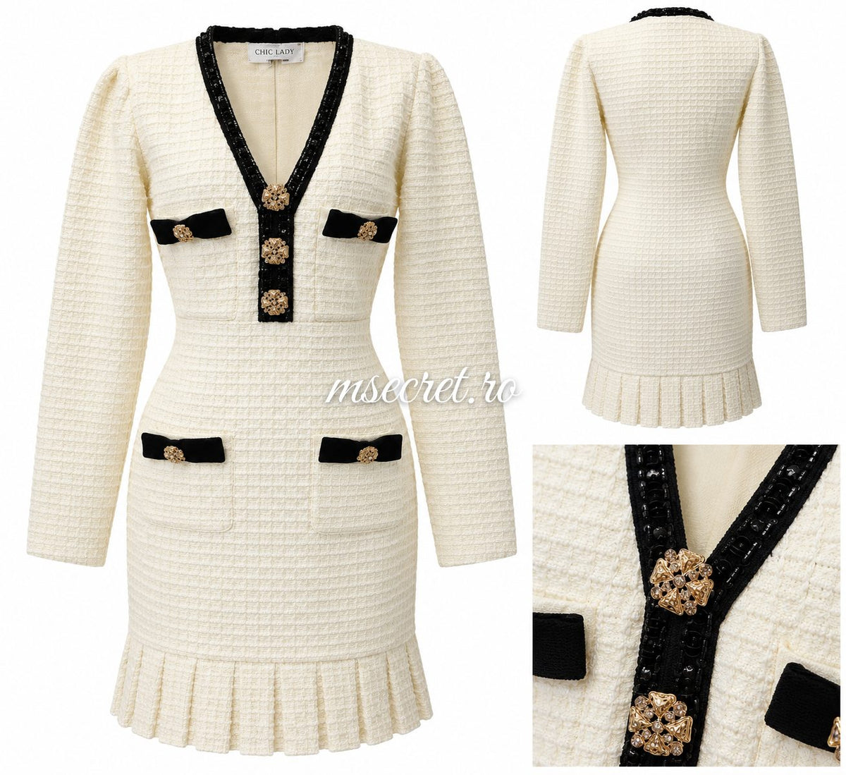 Rochie crem din tweed cu detalii aurii si insertii negre