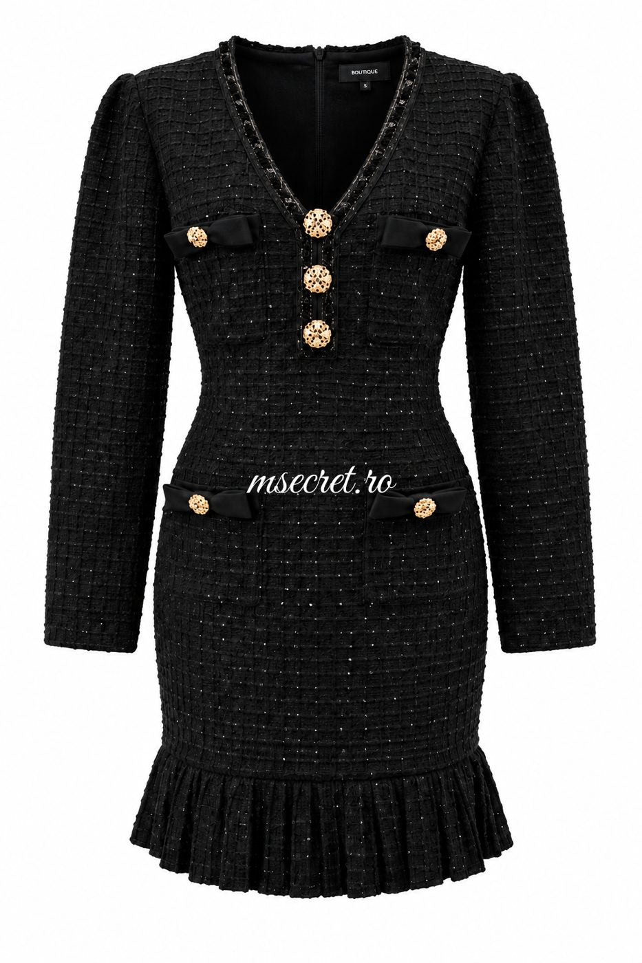 Rochie neagra din tweed cu nasturi bijuterie aurii