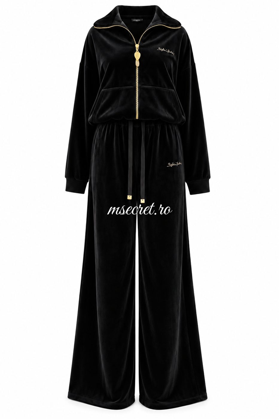 Trening negru din catifea cu pantaloni evazati