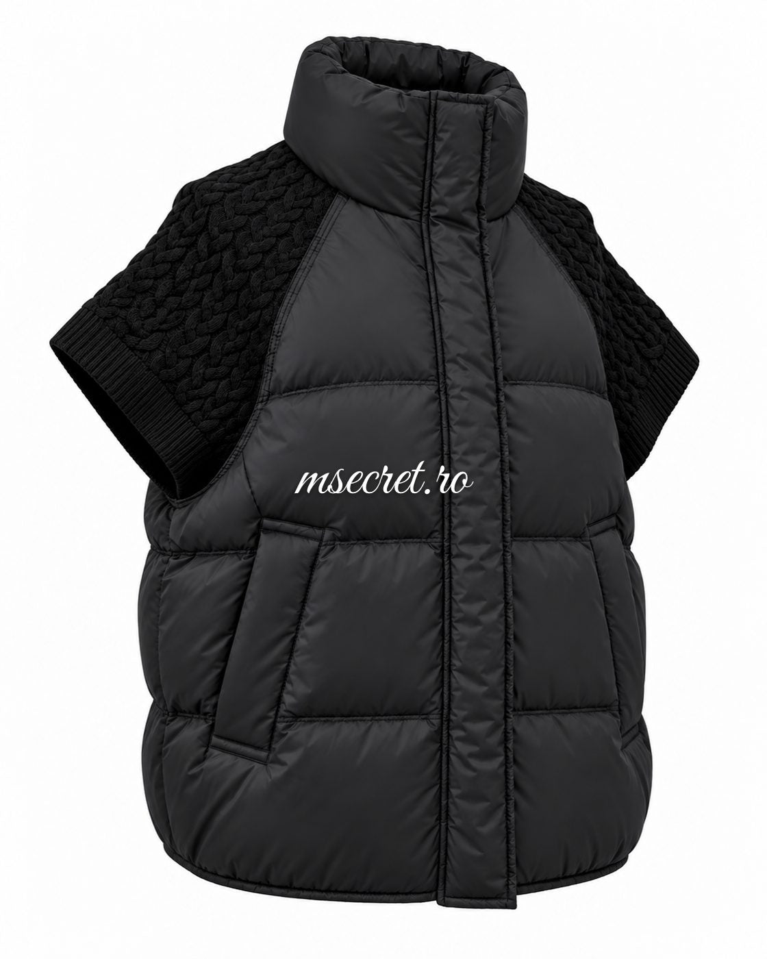 Vesta matlasata neagra cu maneci scurte tricotate - vedere din lateral