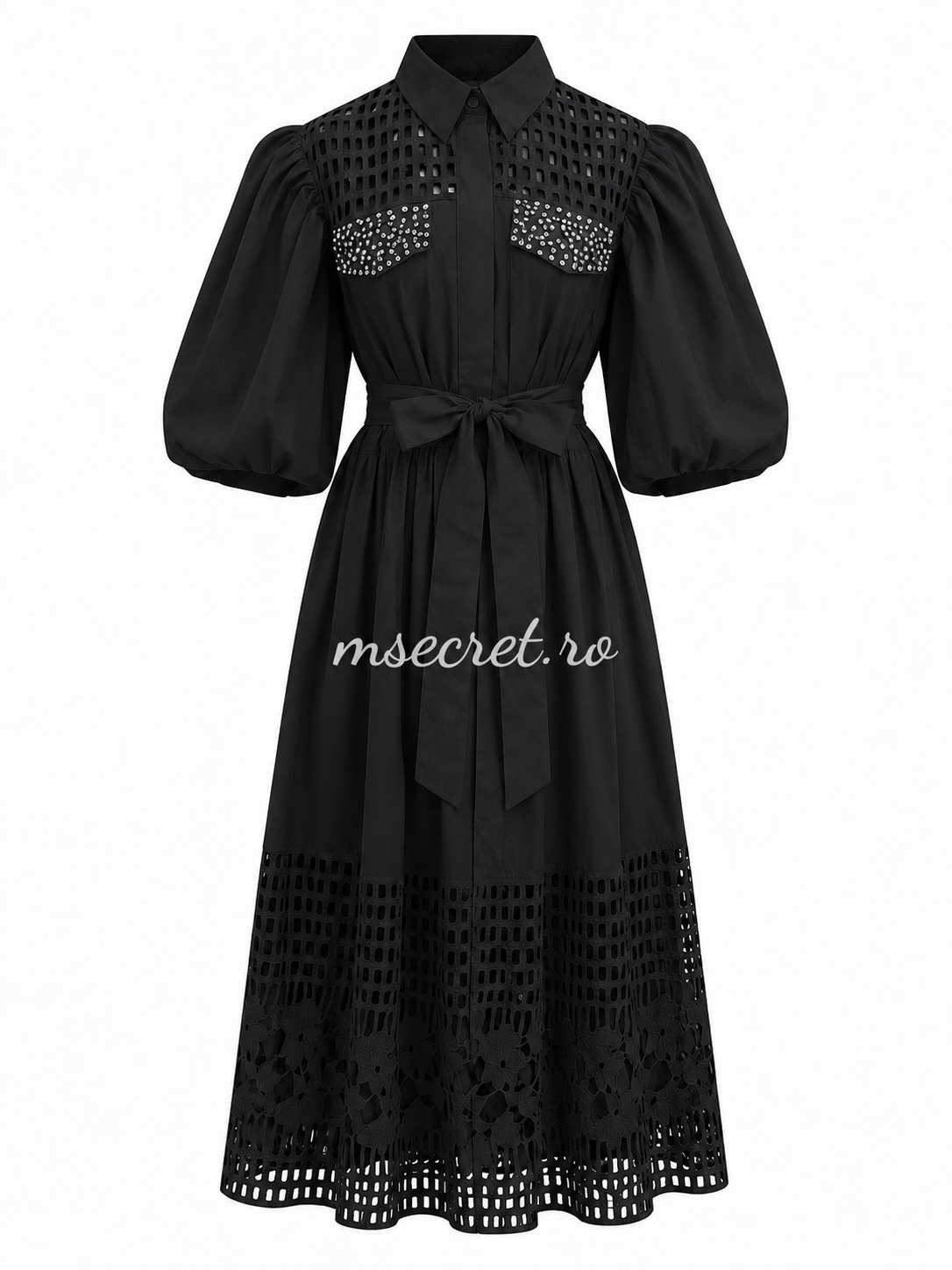 Rochie neagra cu broderie perforata si aplicatii stralucitoare