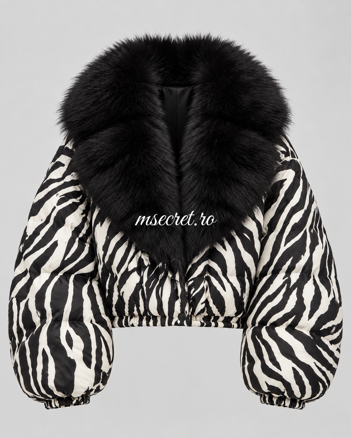 Geaca puffer cu imprimeu zebra print si guler din blana