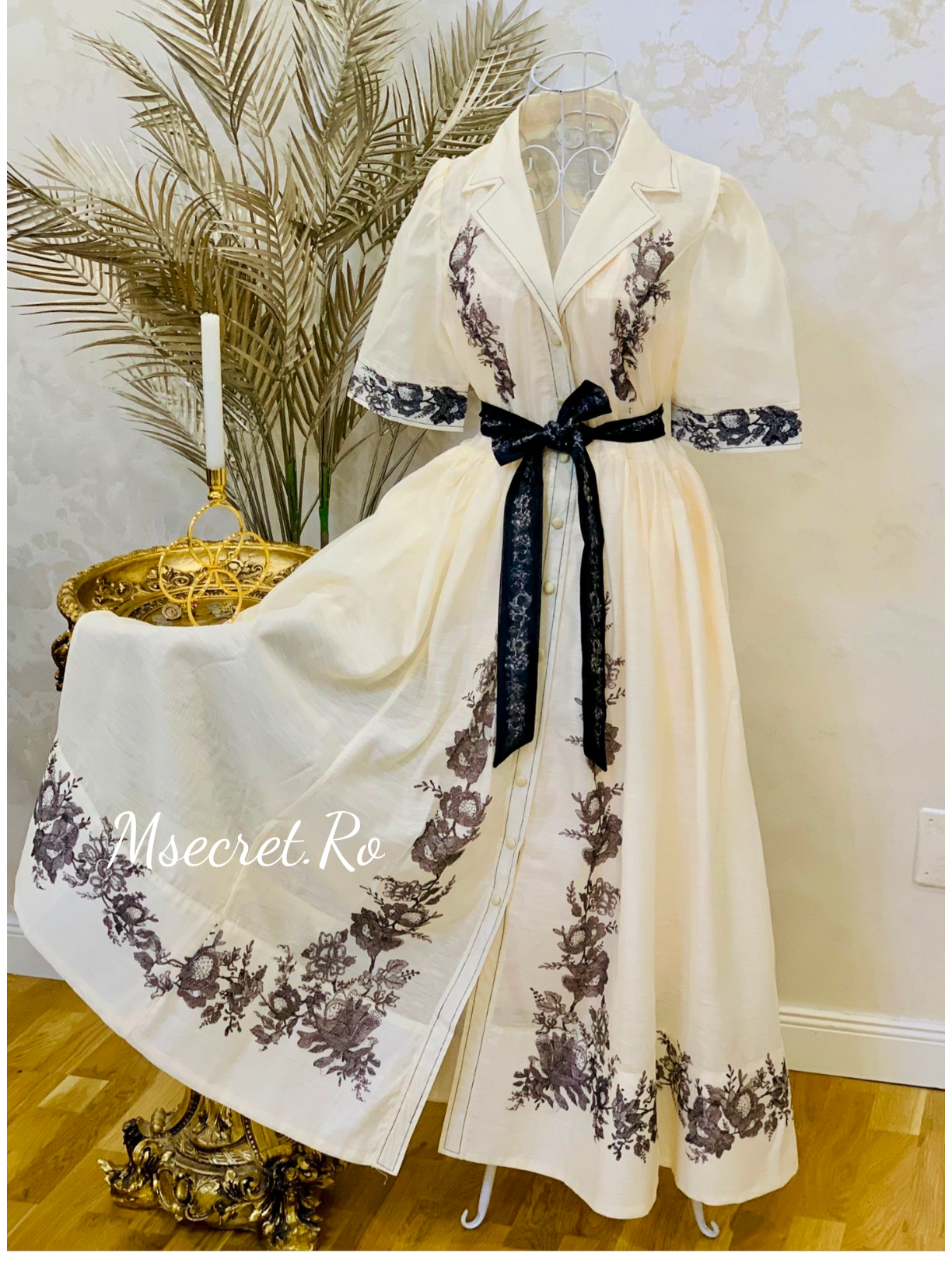 Rochie lunga ivoire din in si matase cu broderie florala