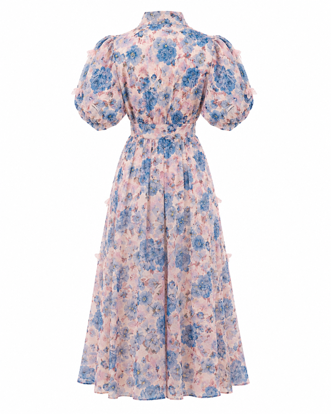 Rochie lungă roz din in cu imprimeu floral și aplicații 3D