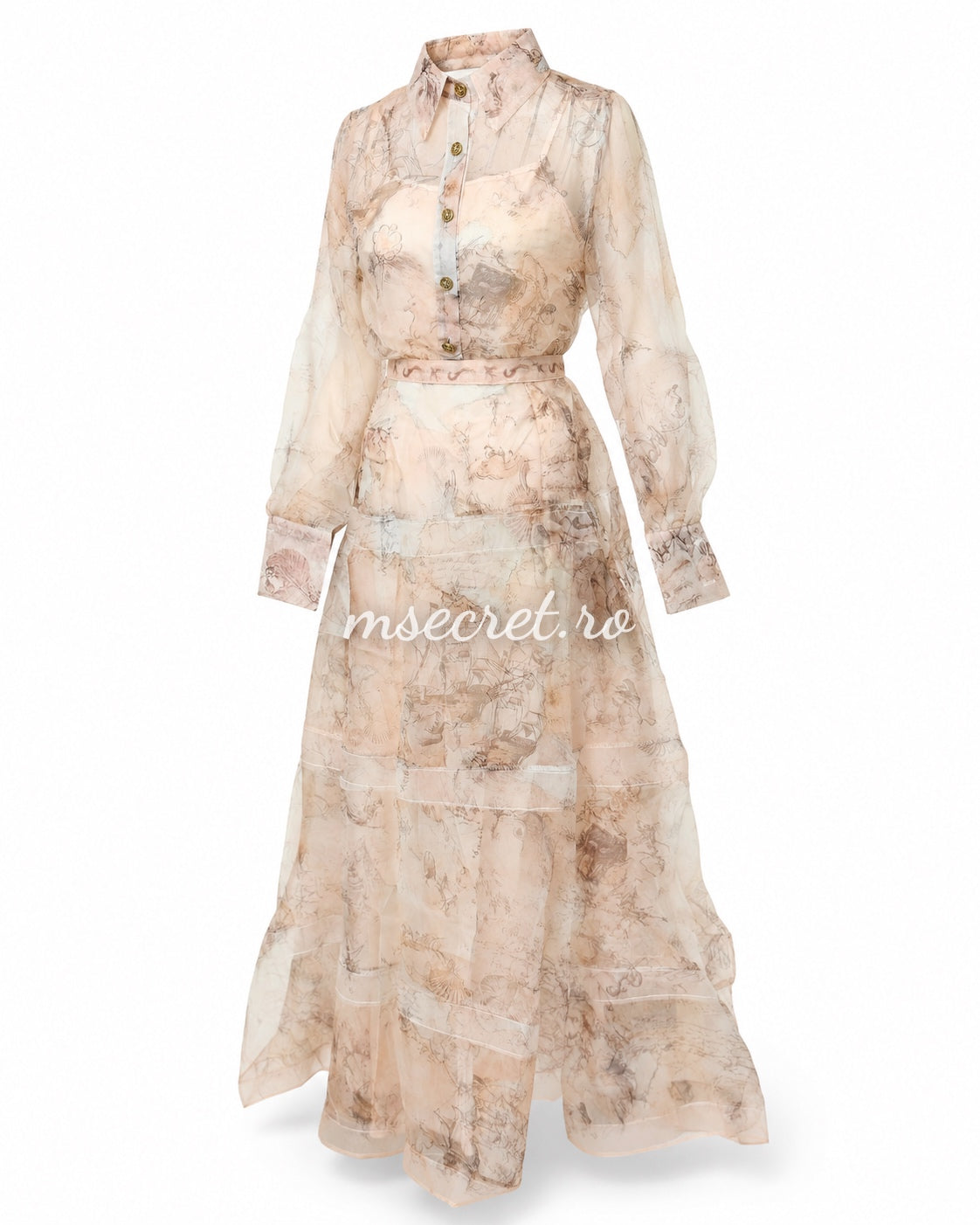 Compleu din organza cu imprimeu artistic in nuante nude