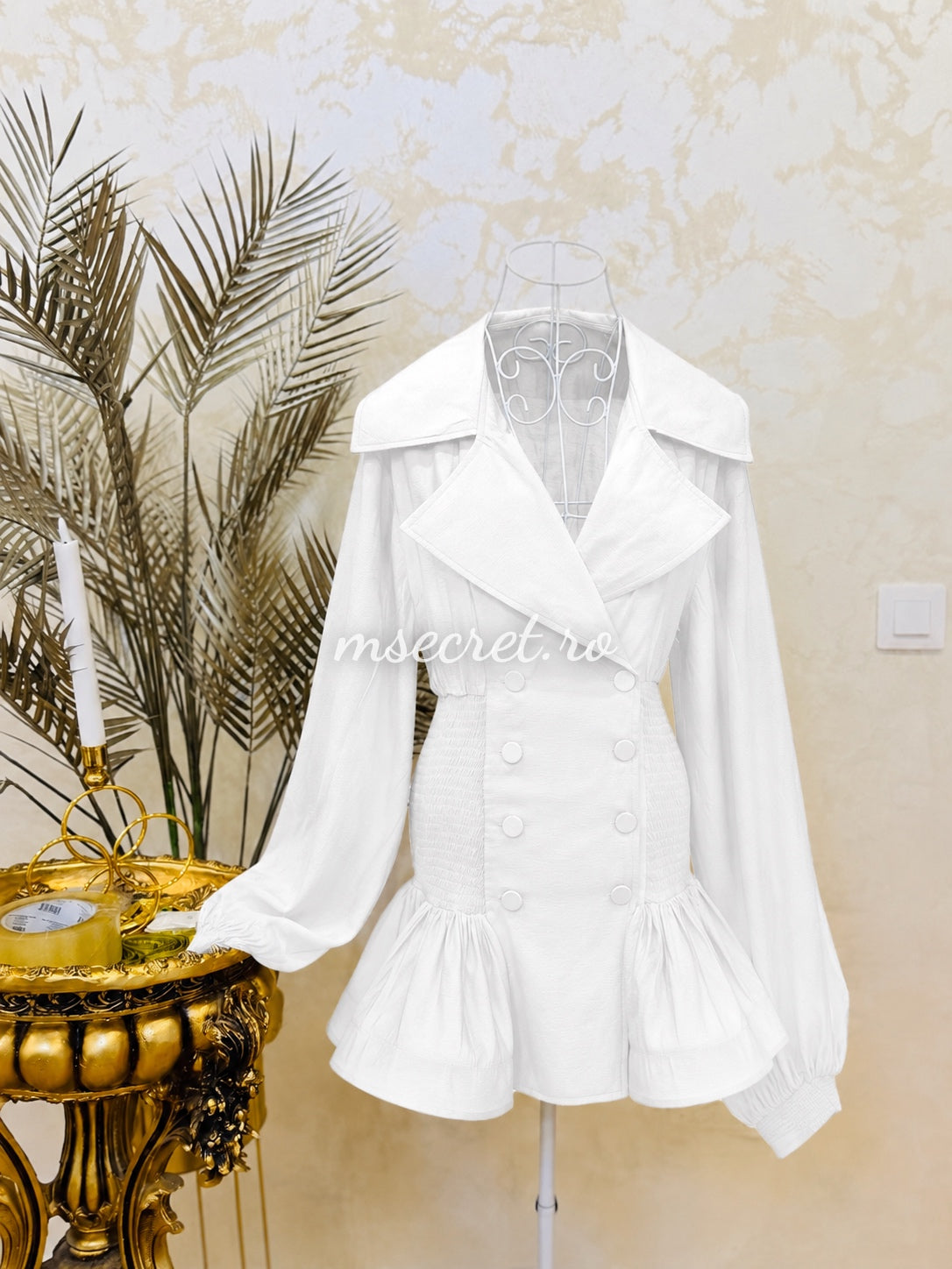 White satin voile dress with a skirt and blazer-style top