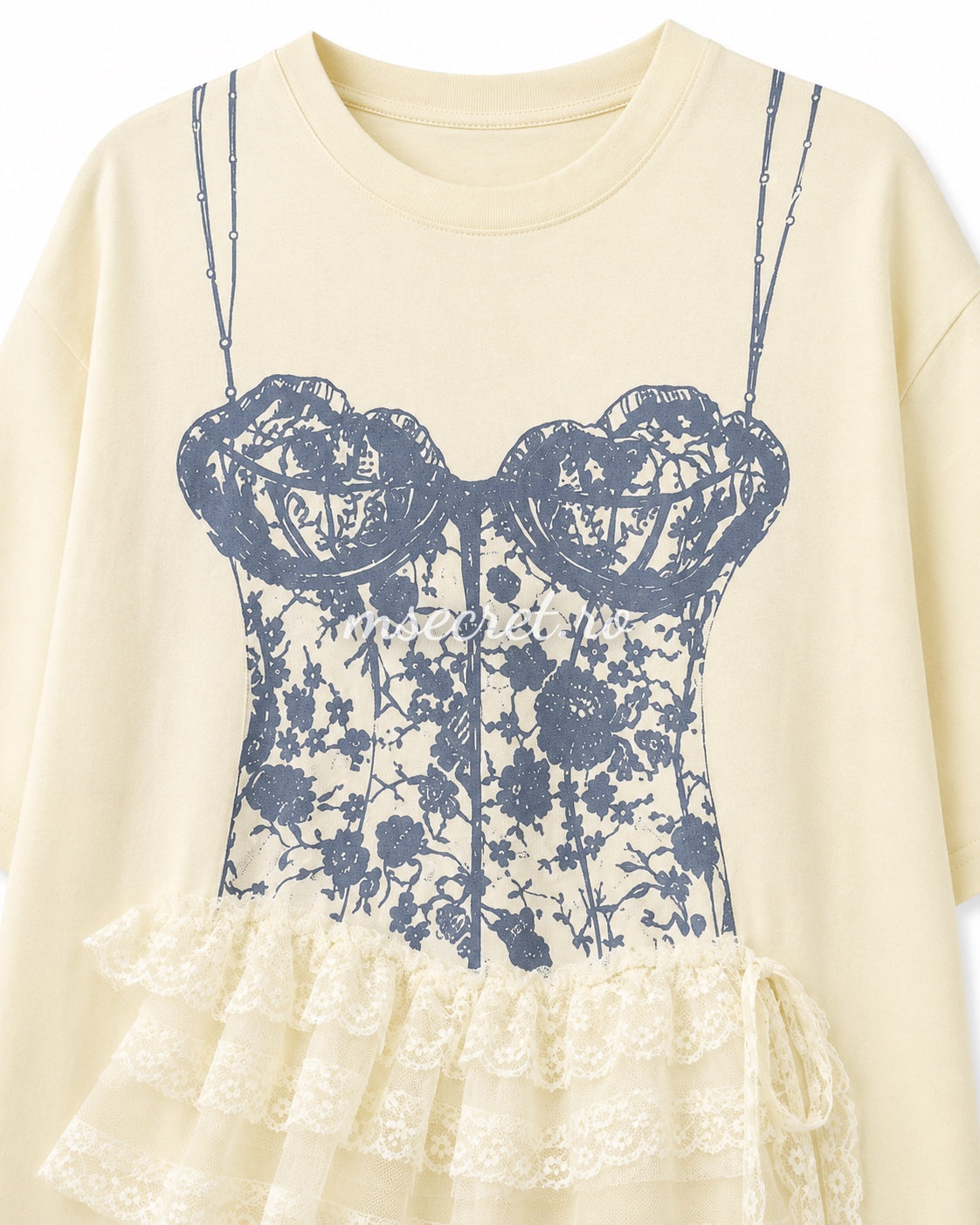 Rochie tip tricou crem cu imprimeu corset si aplicatie din dantela
