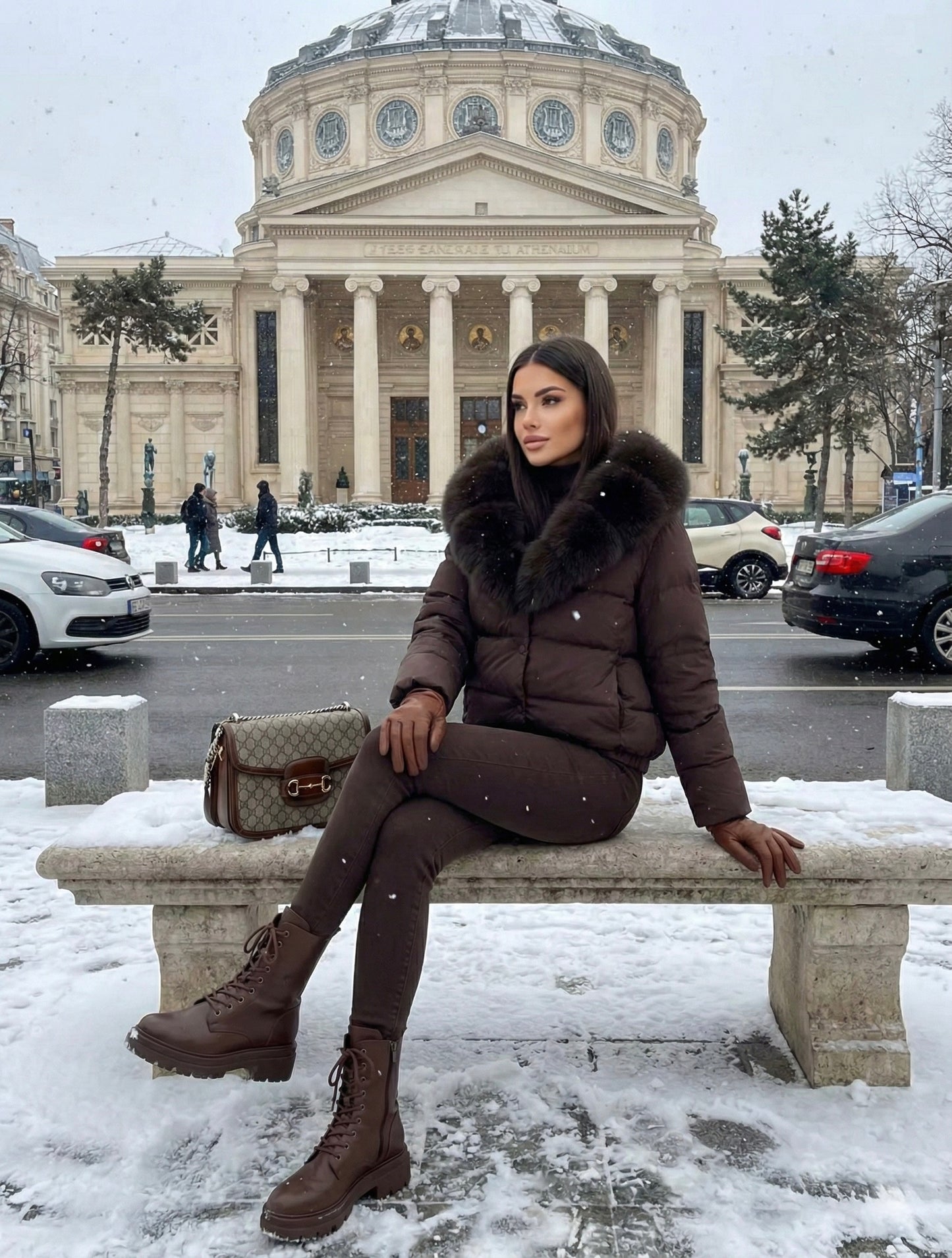 Geaca cu guler de blana de vulpe umpluta cu puf