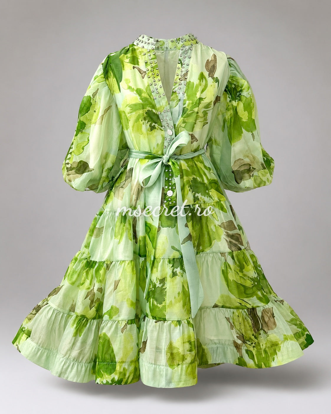 Rochie verde din in și mătase cu imprimeu floral și talie reglabilă