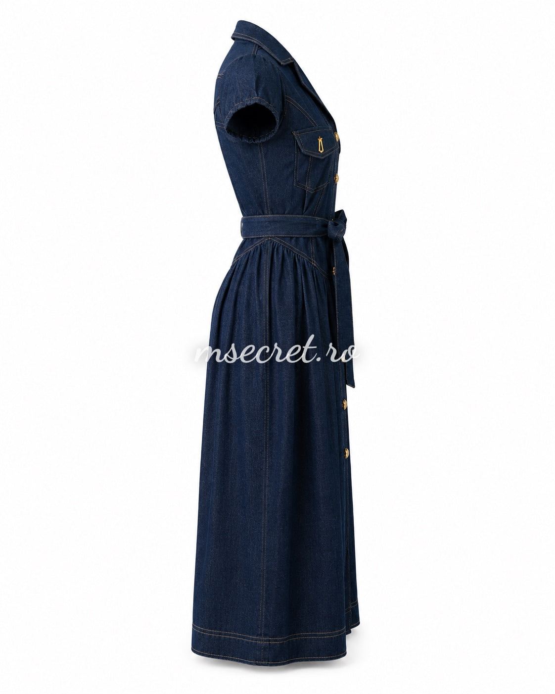 Rochie midi albastra din denim cu nasturi aurii