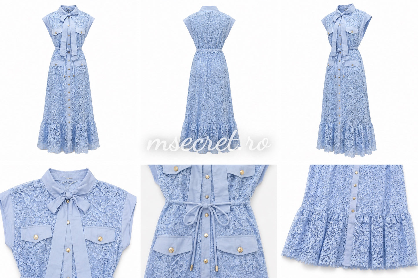 Rochie midi baby blue din dantela cu funda la gat