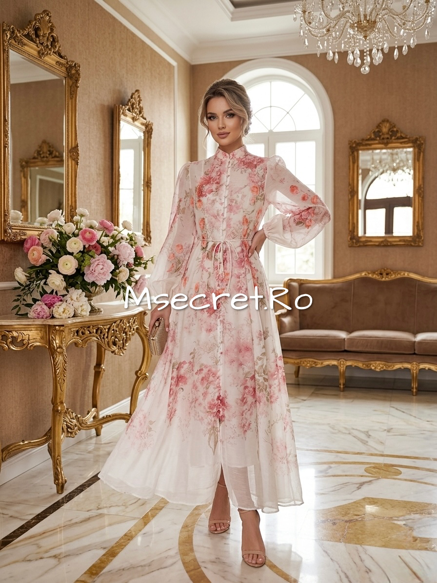 Rochie lungă din in cu imprimeu floral și aplicații 3D