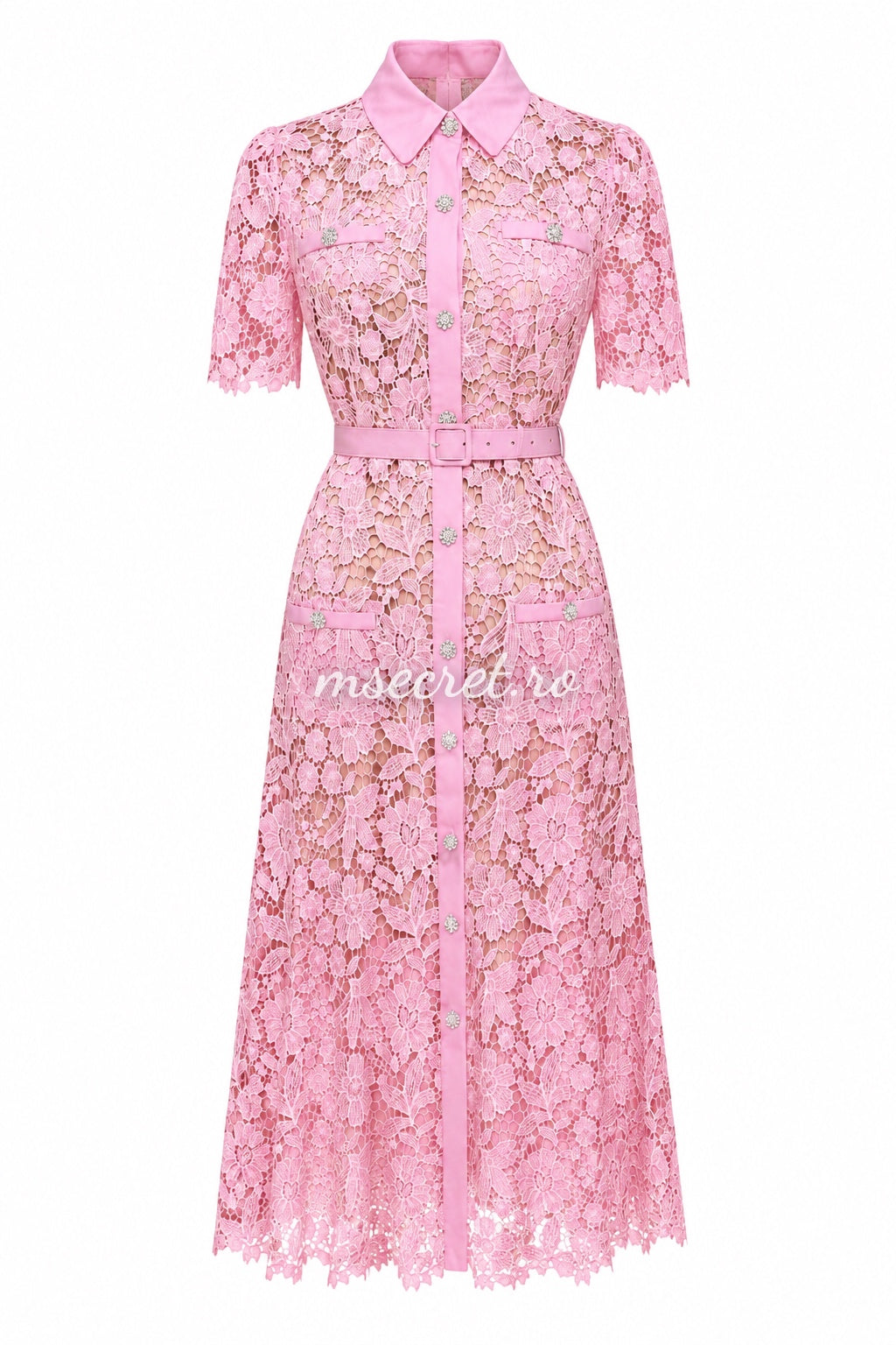 Rochie roz din dantela eleganta cu guler si cordon in talie