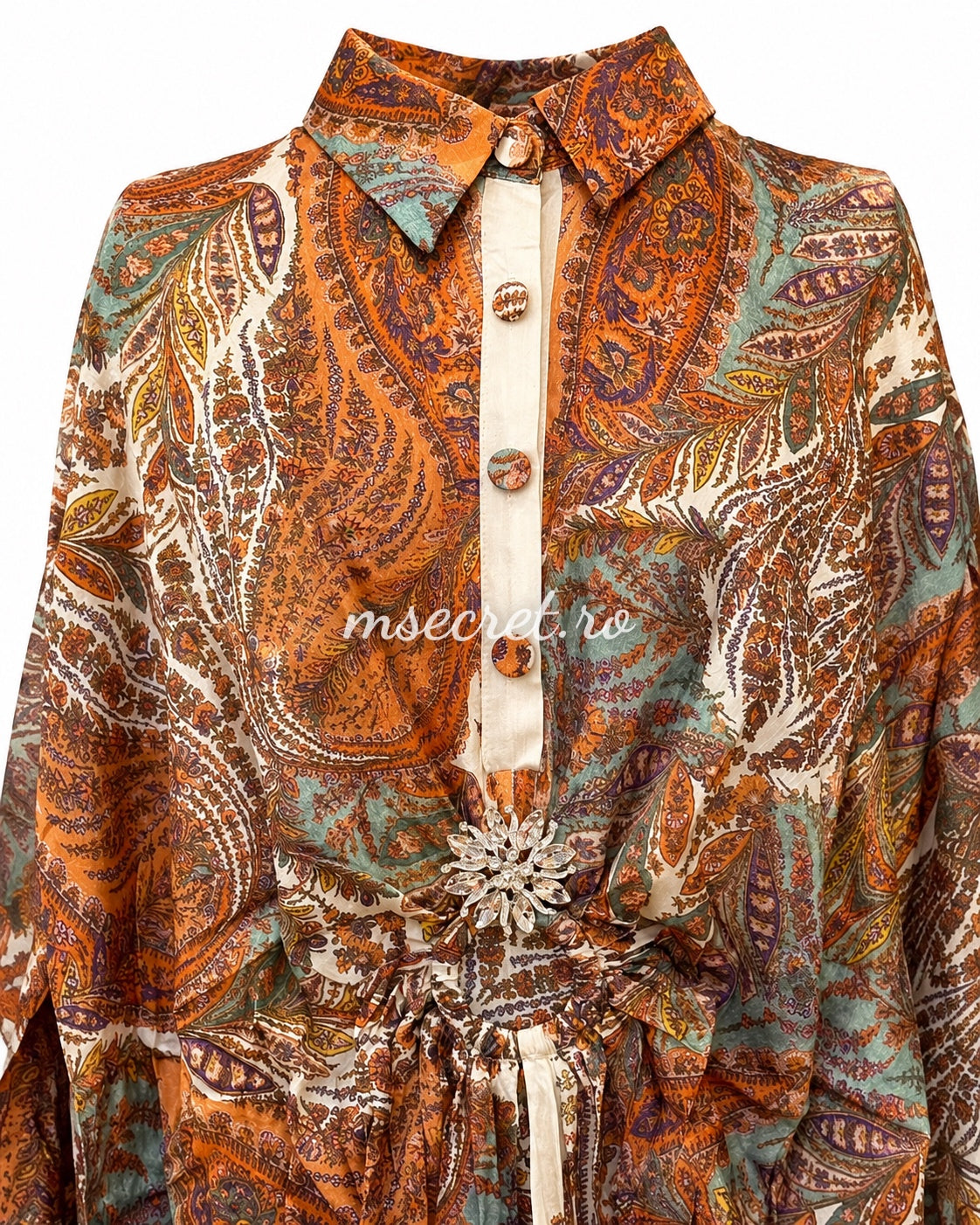 Rochie vaporoasa cu imprimeu paisley si croi tip kaftan