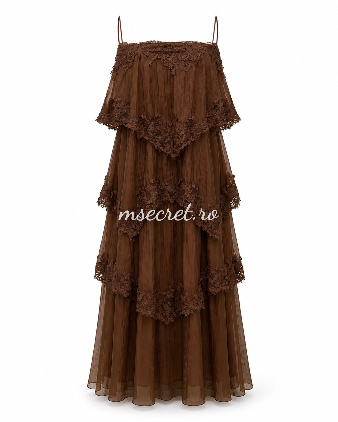 Rochie lunga maro cu volane si dantela romantica