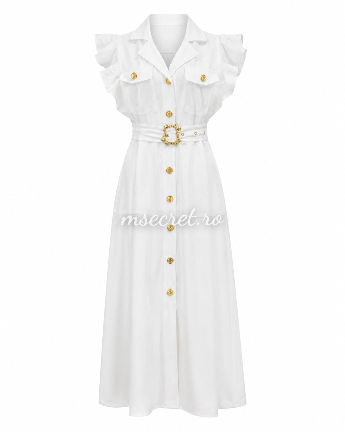 Rochie alba midi cu volane si cordon