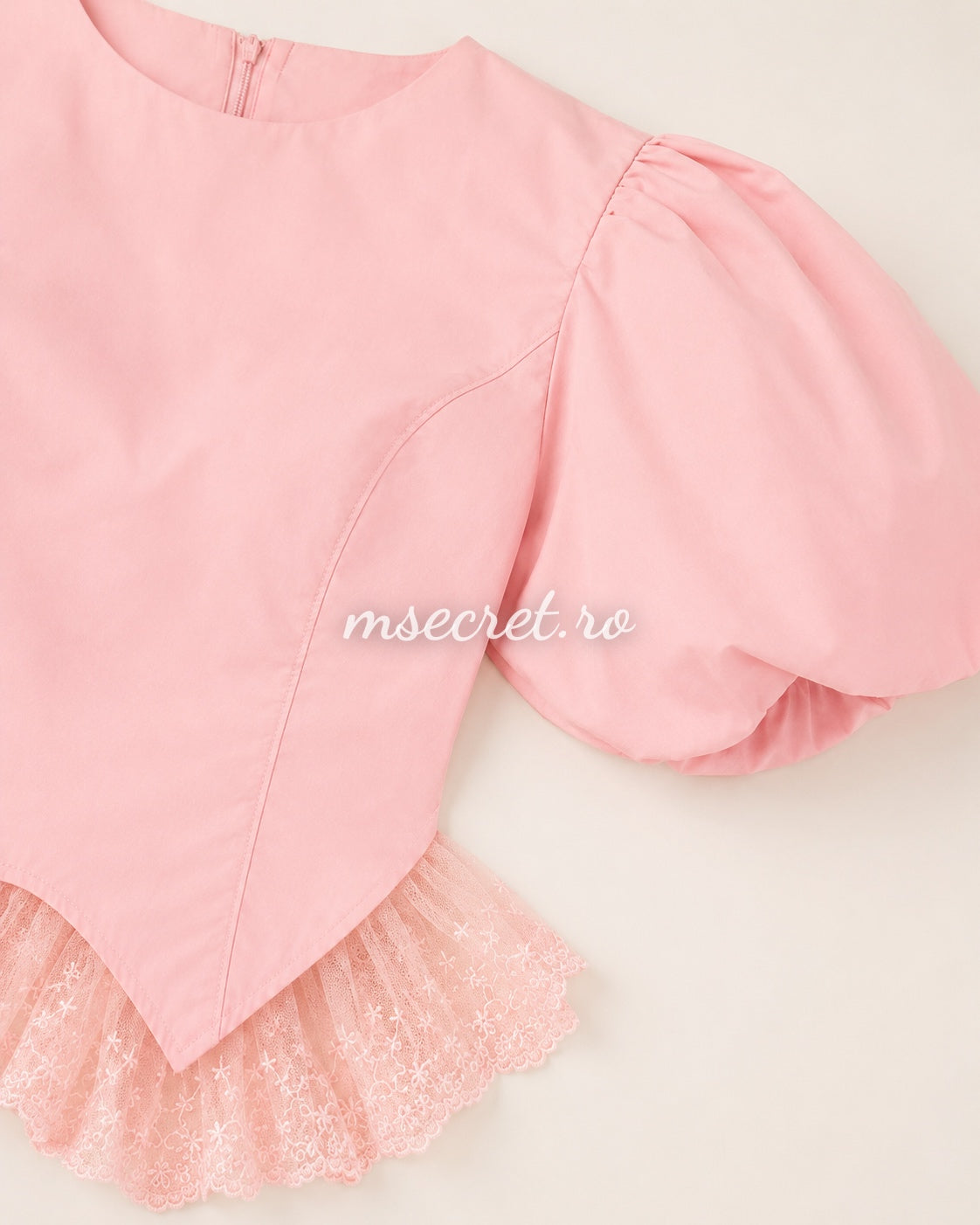 Pink shirt with puffed sleeves and embroidered tulle detail