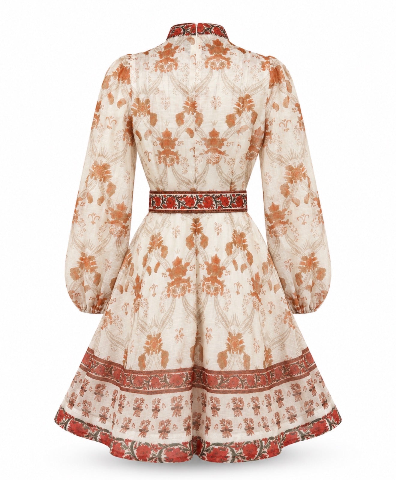 Short linen dress with artistic print and jewel buttons